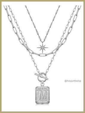 Layered Initial Necklace Set - 14K Gold Plated Brass, Star Choker, Square